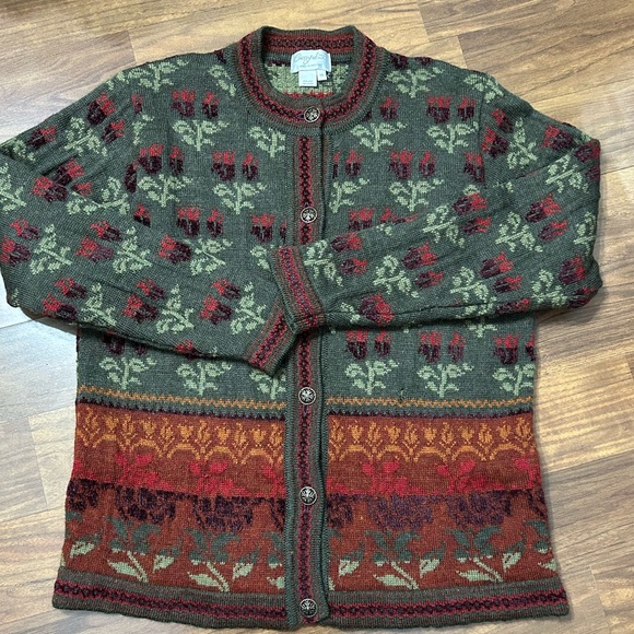 Vintage Cherry Lewis Women's M Wool Blend Floral Nordic Patter Cardigan Sweater - Picture 2 of 13